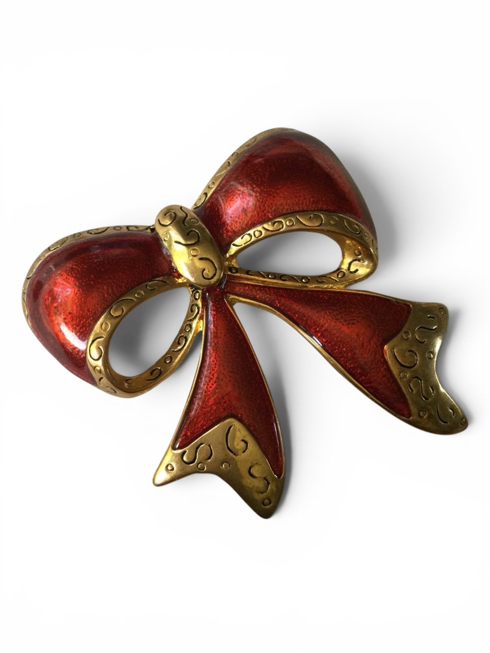 Vintage 1980s Gold-Tone Red & Gold Christmas Bow Brooch - Picture 6 of 9